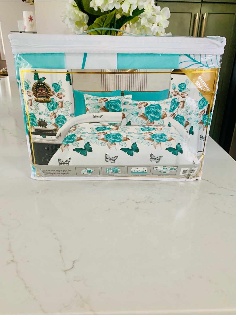 Papapiyay Premium Sheet Set With Curtains King Teal Rose Butterfly Floral